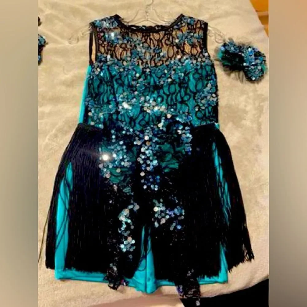 Adult Small 3pc Dance Costume Turquoise & Black With Sequins Fringe Leotard Tap